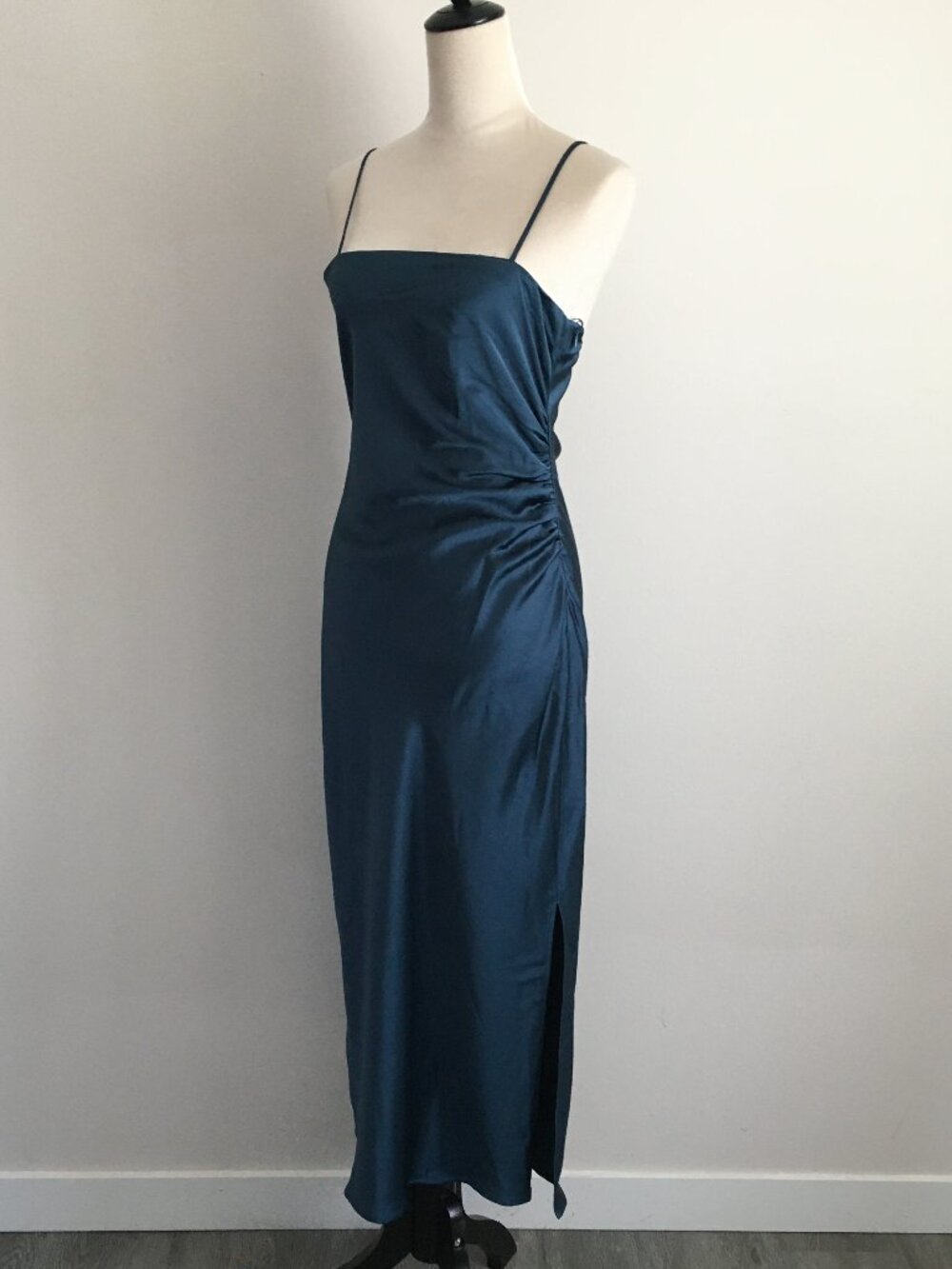 NWT ZARA Green Ruching Side Spaghetti Strap Slit Hem Party Satin Gown Dress